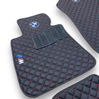 BMW Leather Premium Luxury Car Floor Mat Set Black And Red Stitch