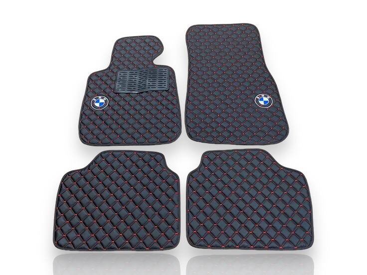 BMW Leather Premium Luxury Car Floor Mat Set Black And Red Stitch