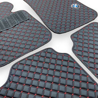 BMW Leather Premium Luxury Car Floor Mat Set Black And Red Stitch