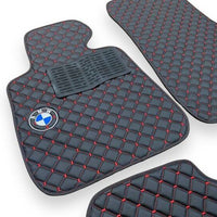 BMW Leather Premium Luxury Car Floor Mat Set Black And Red Stitch