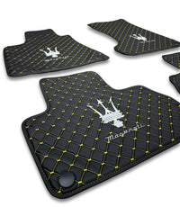 Luxury Leather Car Floor Mats Compatible With Maserati | Fits Ghibli, Quattroporte, GranTurismo, GranCabrio, Levante, Grecale, MC20, MCPURA, 4200 GT & More | Black Leather & Yellow Stitch