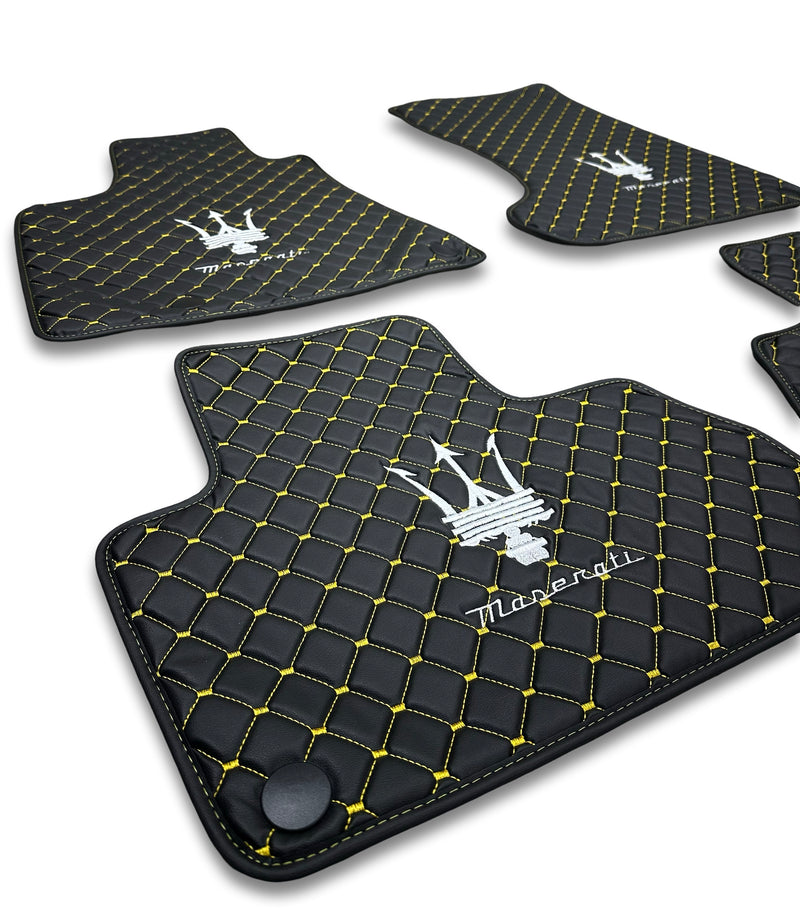 Luxury Leather Car Floor Mats Compatible With Maserati | Fits Ghibli, Quattroporte, GranTurismo, GranCabrio, Levante, Grecale, MC20, MCPURA, 4200 GT & More | Black Leather & Yellow Stitch