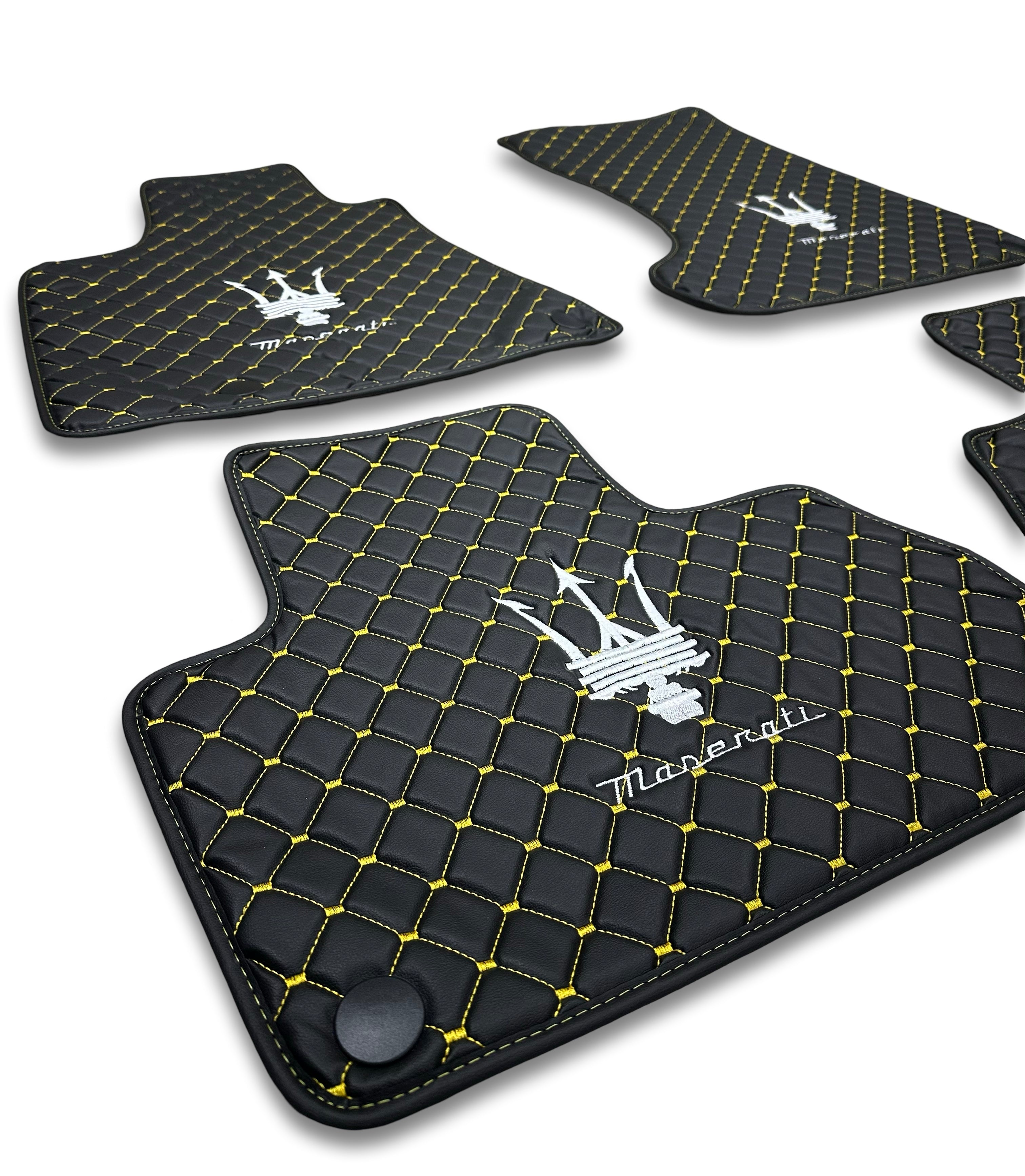 MASERATİ Leather Luxury Car Floor Mats | Fits Ghibli-Quattroporte-GranCabrio-GranTurismo-Levante-Grecale-MC20 Models Set Of 4 | Black Leather & Brown Stitch