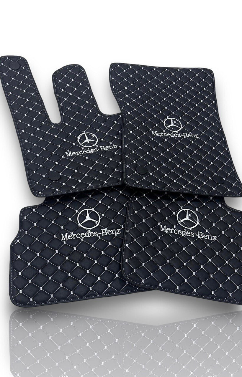 Luxury Leather Car Floor Mats Compatible With Mercedes-Benz | Fits A-B-C-CL Series-E-EQ Series-S-SL Series-G-GL Series-ML-MAYBACH-R-AMG Models | Black Leather & White Stitch