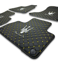 Luxury Leather Car Floor Mats Compatible With Maserati | Fits Ghibli, Quattroporte, GranTurismo, GranCabrio, Levante, Grecale, MC20, MCPURA, 4200 GT & More | Black Leather & Yellow Stitch