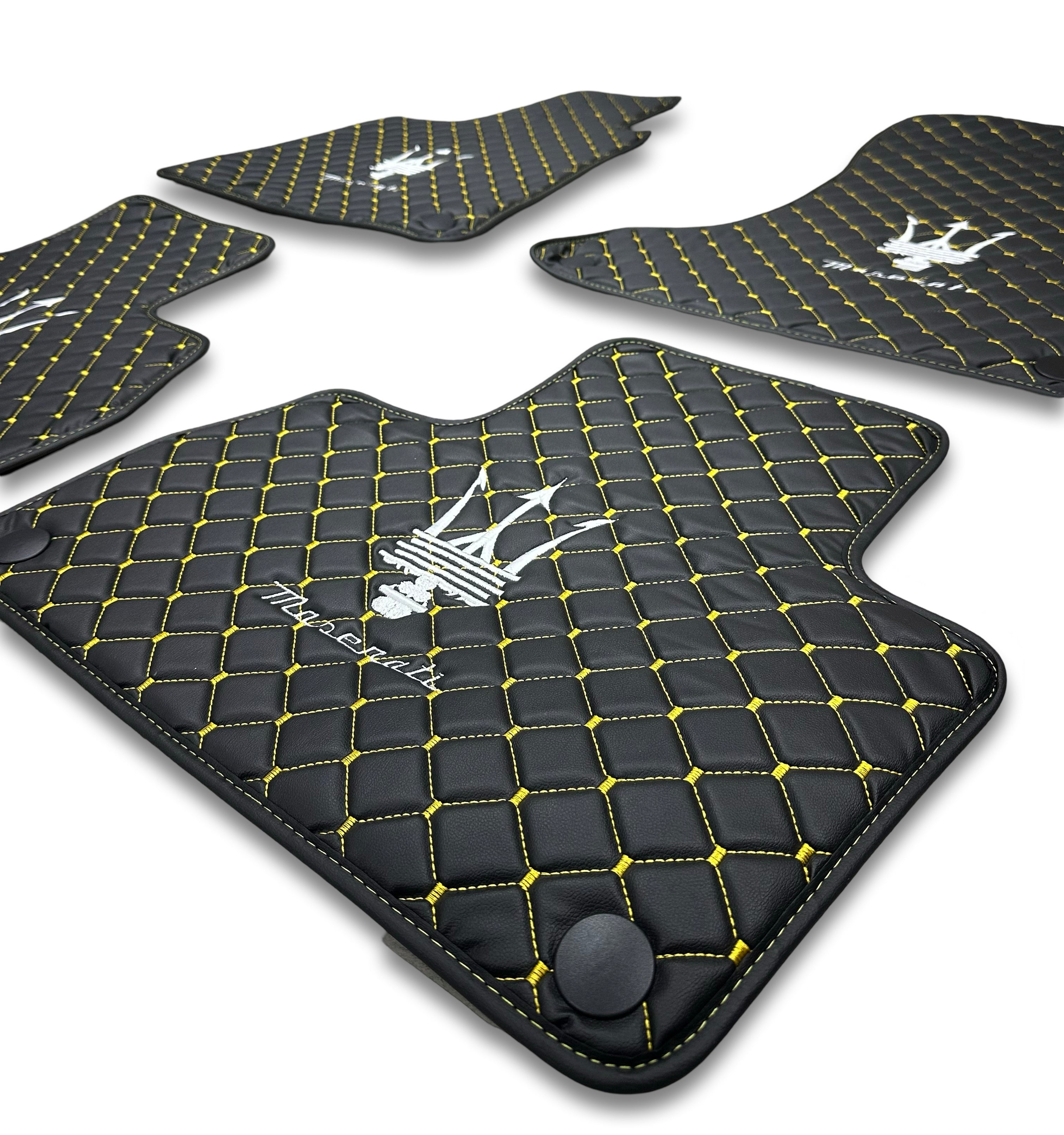 MASERATİ Leather Luxury Car Floor Mats | Fits Ghibli-Quattroporte-GranCabrio-GranTurismo-Levante-Grecale-MC20 Models Set Of 4 | Black Leather & Brown Stitch
