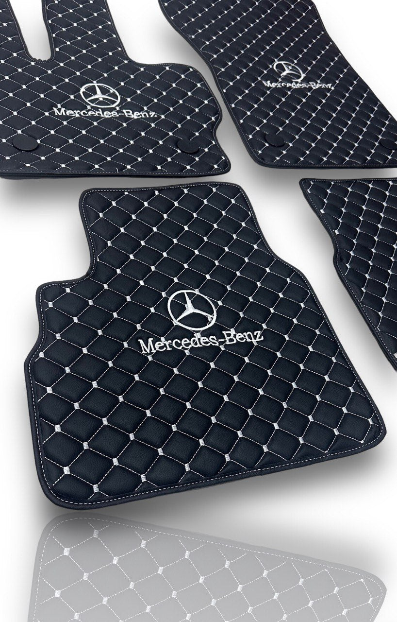 Luxury Leather Car Floor Mats Compatible With Mercedes-Benz | Fits A-B-C-CL Series-E-EQ Series-S-SL Series-G-GL Series-ML-MAYBACH-R-AMG Models | Black Leather & White Stitch