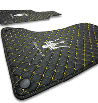 Luxury Leather Car Floor Mats Compatible With Maserati | Fits Ghibli, Quattroporte, GranTurismo, GranCabrio, Levante, Grecale, MC20, MCPURA, 4200 GT & More | Black Leather & Yellow Stitch