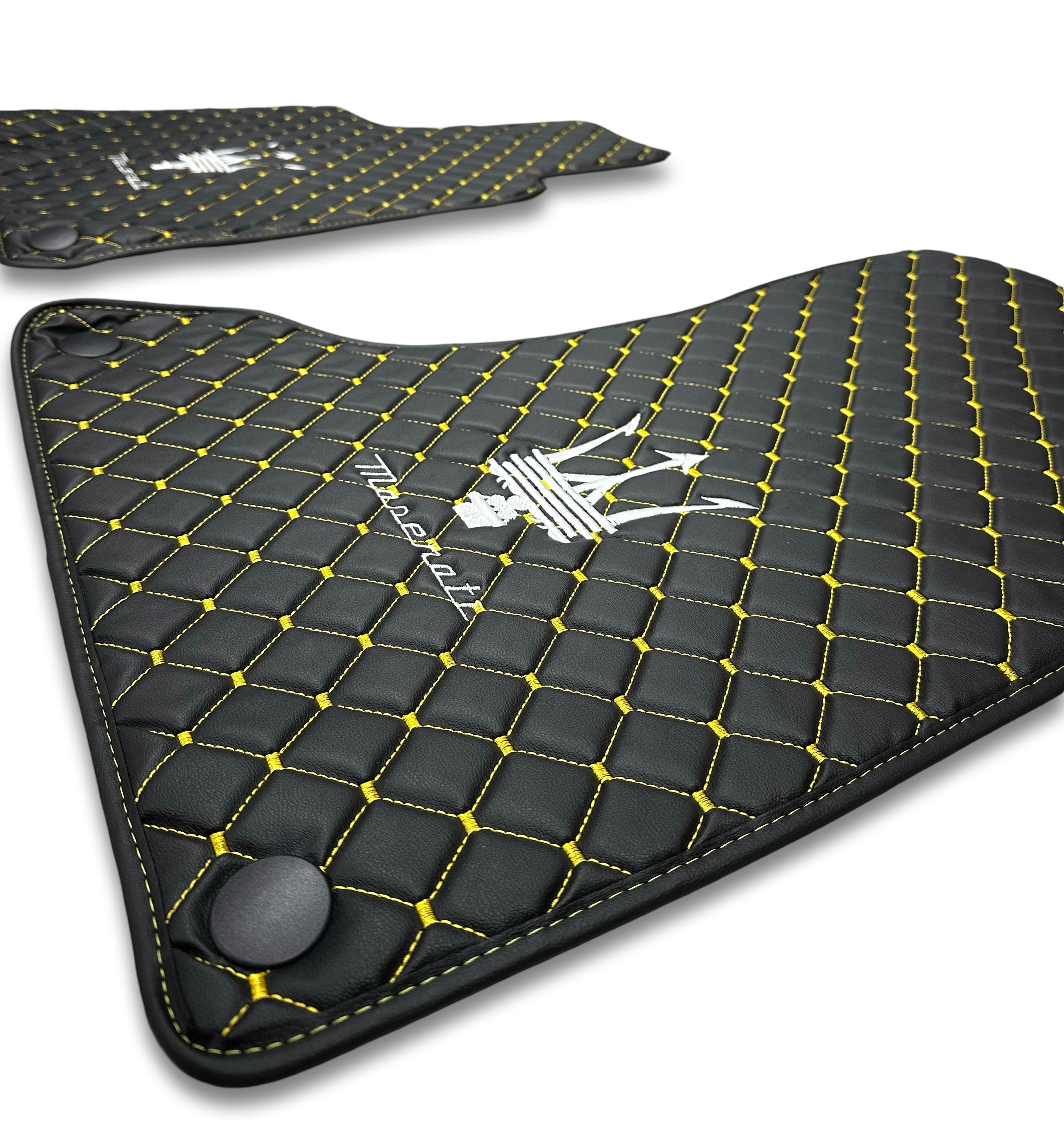 MASERATİ Leather Luxury Car Floor Mats | Fits Ghibli-Quattroporte-GranCabrio-GranTurismo-Levante-Grecale-MC20 Models Set Of 4 | Black Leather & Brown Stitch