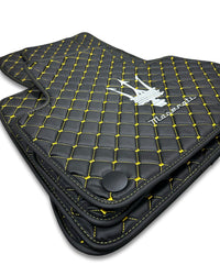 Luxury Leather Car Floor Mats Compatible With Maserati | Fits Ghibli, Quattroporte, GranTurismo, GranCabrio, Levante, Grecale, MC20, MCPURA, 4200 GT & More | Black Leather & Yellow Stitch