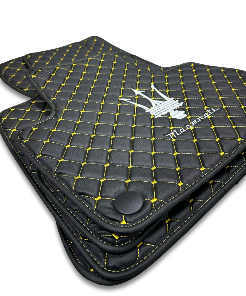 Luxury Leather Car Floor Mats Compatible With Maserati | Fits Ghibli, Quattroporte, GranTurismo, GranCabrio, Levante, Grecale, MC20, MCPURA, 4200 GT & More | Black Leather & Yellow Stitch
