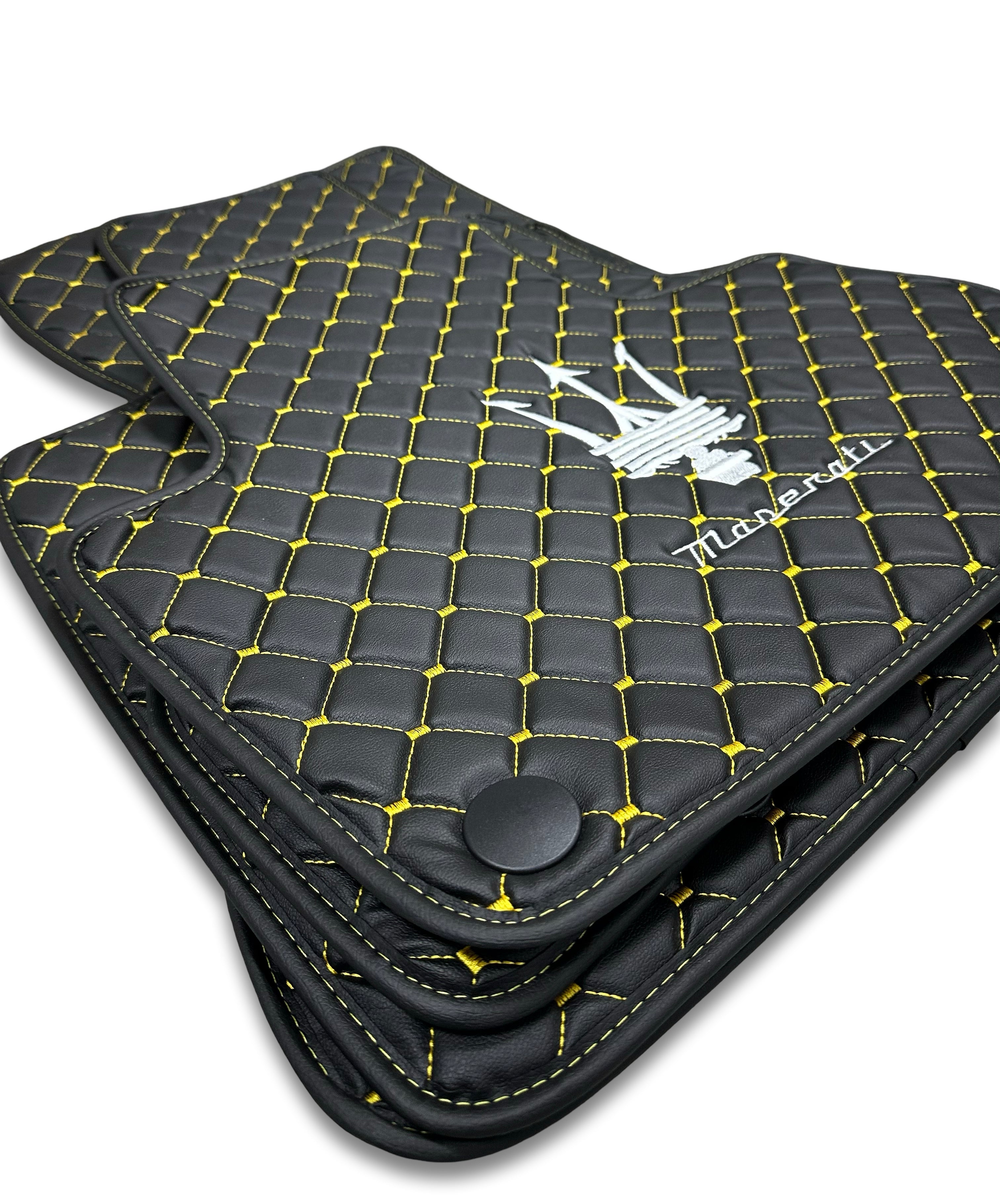 MASERATİ Leather Luxury Car Floor Mats | Fits Ghibli-Quattroporte-GranCabrio-GranTurismo-Levante-Grecale-MC20 Models Set Of 4 | Black Leather & Brown Stitch