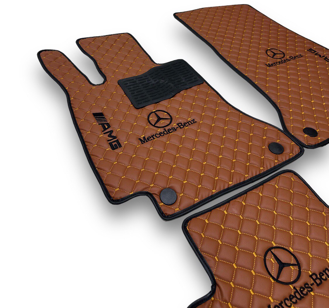 MERCEDES-BENZ Leather Luxury Car Floor Mats | Fits A-B-C-CL Series-E-EQ Series-S-SL Series-G-GL Series-ML-MAYBACH-R-AMG Models | Brown Leather & Brown Stitch