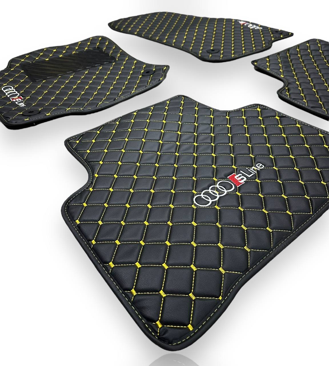 AUDİ Leather Luxury Car Floor Mats | Fits A1-A3-A4-A5-A6-A7-A8-Q2-Q3-Q4-Q5-Q7-Q8-S-RS-TT-R8-E Tron Models | Black Leather & Brown Stitch