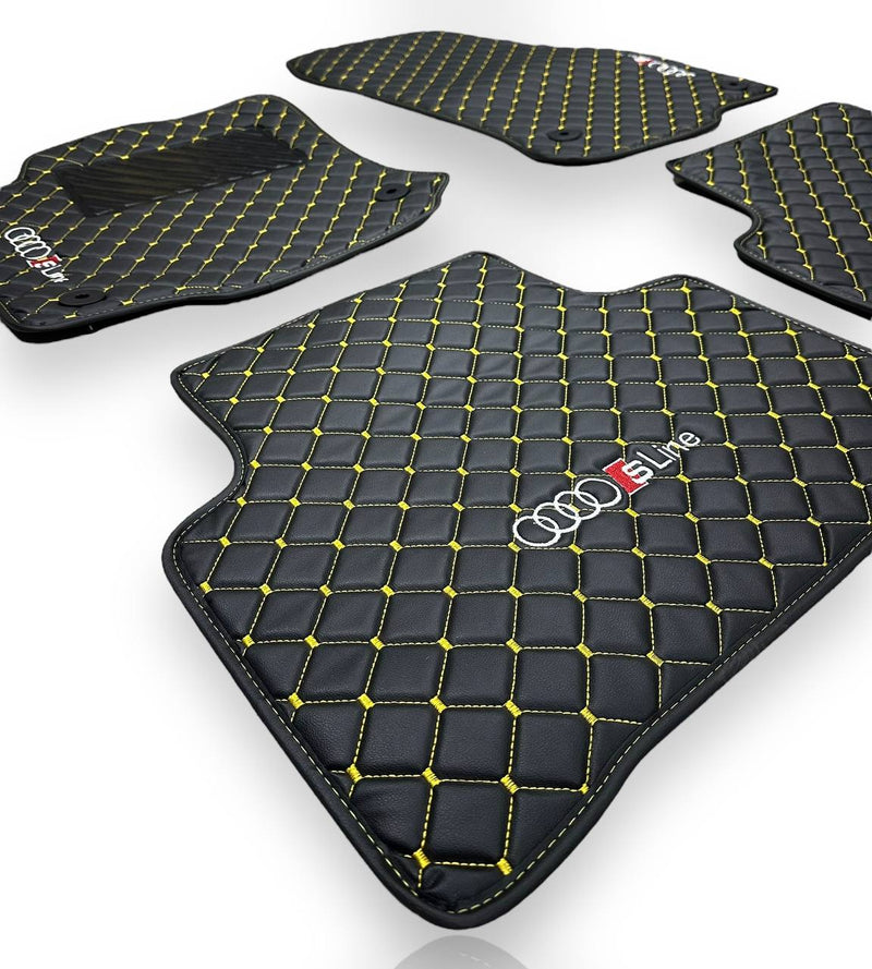 Luxury Leather Car Floor Mats Compatible With AUDI Models | Fits A1, A2, A3, A4, A5, A6, A7, A8, Q2, Q3, Q4 e-tron, Q5, Q6 e-tron, Q7, Q8, Q8 e-tron, e-tron GT, TT, R8, Allroad, S, RS models | Black Leather & Brown Stitch
