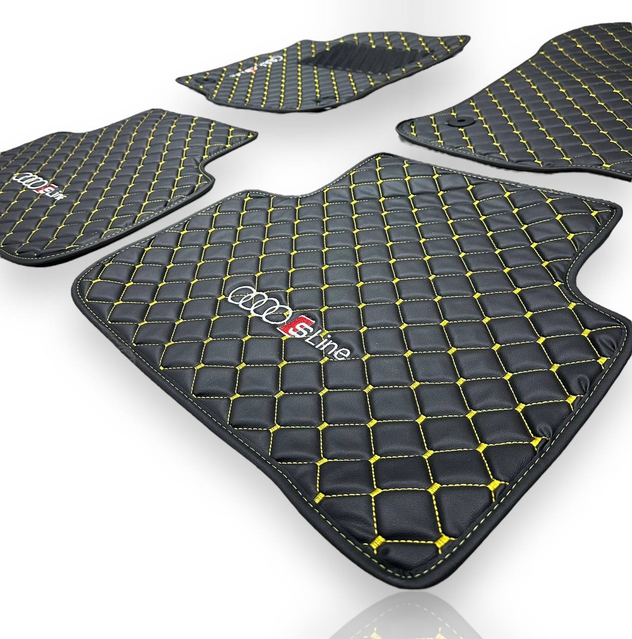 AUDİ Leather Luxury Car Floor Mats | Fits A1-A3-A4-A5-A6-A7-A8-Q2-Q3-Q4-Q5-Q7-Q8-S-RS-TT-R8-E Tron Models | Black Leather & Brown Stitch