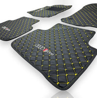 Luxury Leather Car Floor Mats Compatible With AUDI Models | Fits A1, A2, A3, A4, A5, A6, A7, A8, Q2, Q3, Q4 e-tron, Q5, Q6 e-tron, Q7, Q8, Q8 e-tron, e-tron GT, TT, R8, Allroad, S, RS models | Black Leather & Brown Stitch