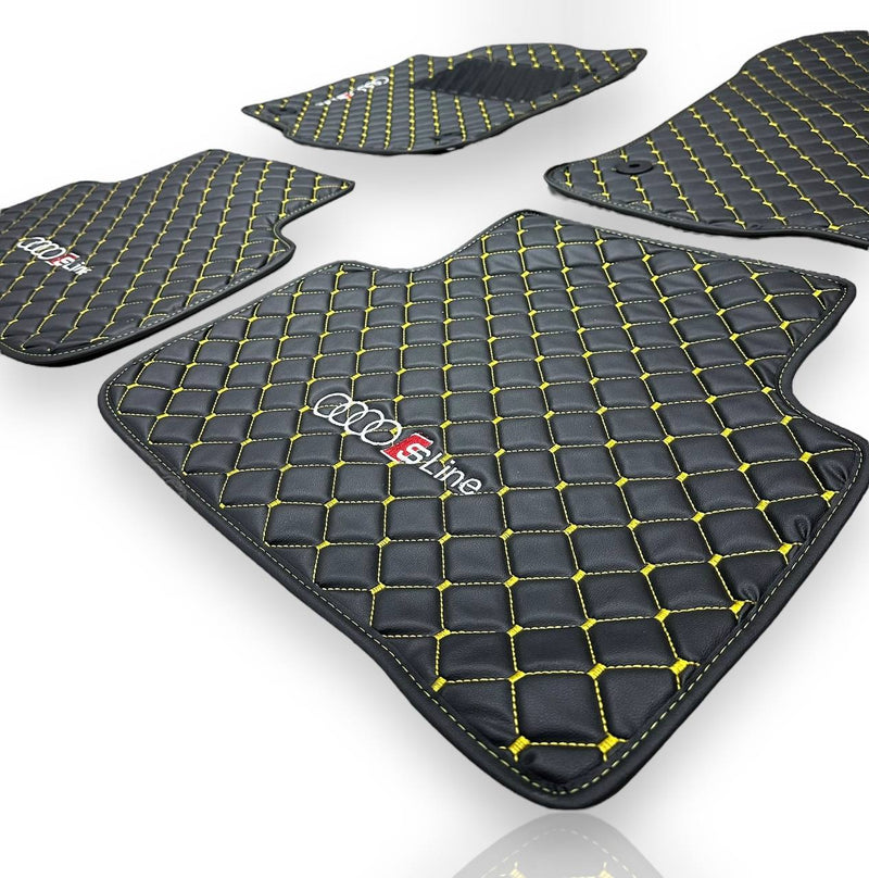Luxury Leather Car Floor Mats Compatible With AUDI Models | Fits A1, A2, A3, A4, A5, A6, A7, A8, Q2, Q3, Q4 e-tron, Q5, Q6 e-tron, Q7, Q8, Q8 e-tron, e-tron GT, TT, R8, Allroad, S, RS models | Black Leather & Brown Stitch