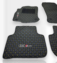 Luxury Leather Car Floor Mats Compatible With AUDI Models | Fits A1, A2, A3, A4, A5, A6, A7, A8, Q2, Q3, Q4 e-tron, Q5, Q6 e-tron, Q7, Q8, Q8 e-tron, e-tron GT, TT, R8, Allroad, S, RS models | Black Leather & Brown Stitch