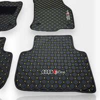 AUDİ Leather Premium Luxury Car Floor Mat Set Black And Yellow Stitch