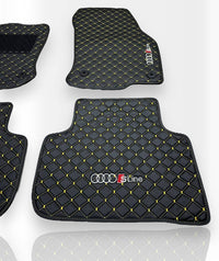 Luxury Leather Car Floor Mats Compatible With AUDI Models | Fits A1, A2, A3, A4, A5, A6, A7, A8, Q2, Q3, Q4 e-tron, Q5, Q6 e-tron, Q7, Q8, Q8 e-tron, e-tron GT, TT, R8, Allroad, S, RS models | Black Leather & Brown Stitch