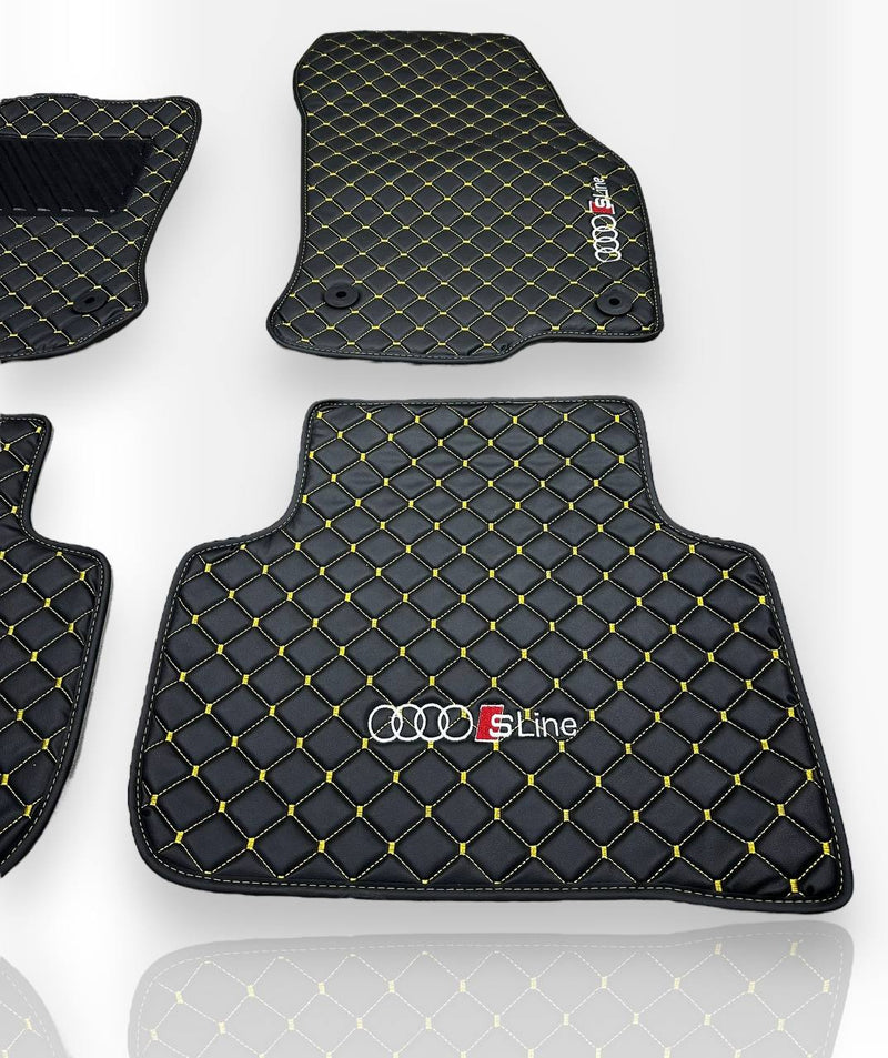 Luxury Leather Car Floor Mats Compatible With AUDI Models | Fits A1, A2, A3, A4, A5, A6, A7, A8, Q2, Q3, Q4 e-tron, Q5, Q6 e-tron, Q7, Q8, Q8 e-tron, e-tron GT, TT, R8, Allroad, S, RS models | Black Leather & Brown Stitch