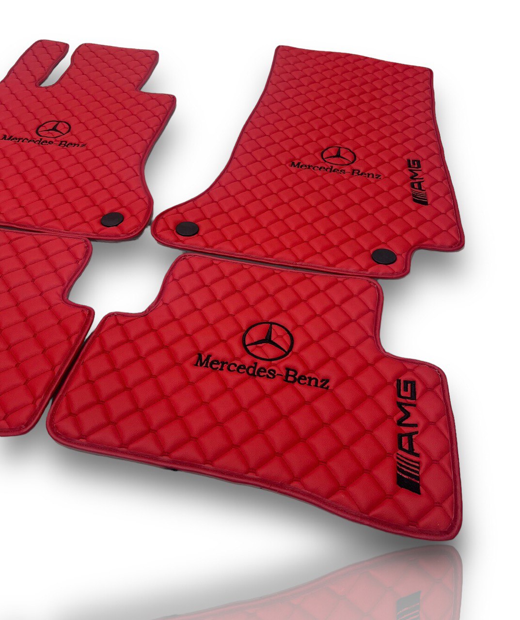 MERCEDES-BENZ Leather Luxury Car Floor Mats | Fits A-B-C-CL Series-E-EQ Series-S-SL Series-G-GL Series-ML-MAYBACH-R-AMG Models | Red Leather & Red Stitch