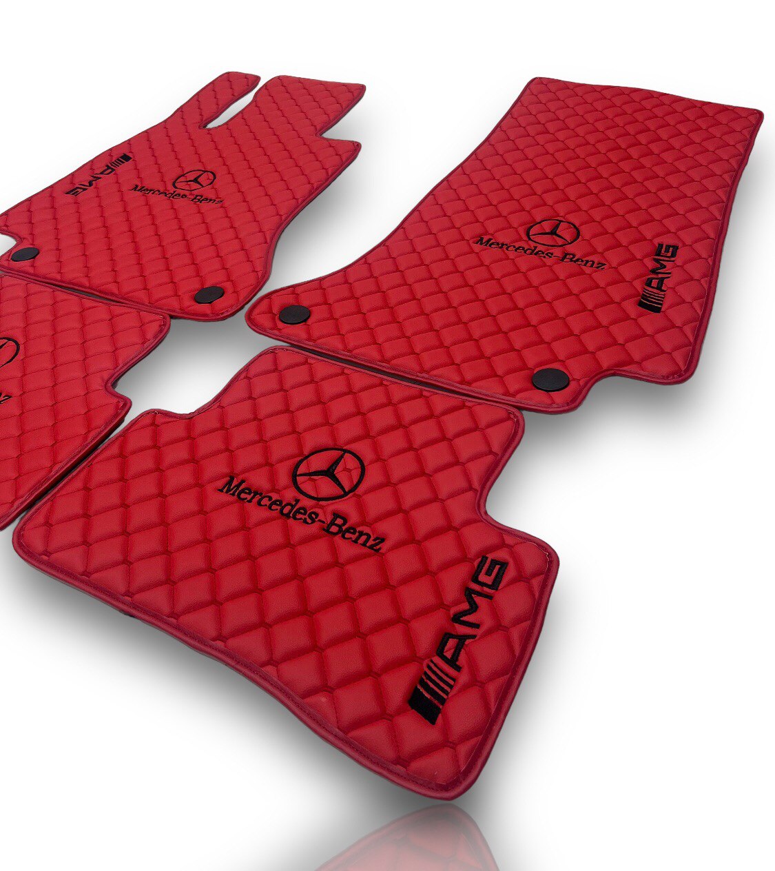 MERCEDES-BENZ Leather Luxury Car Floor Mats | Fits A-B-C-CL Series-E-EQ Series-S-SL Series-G-GL Series-ML-MAYBACH-R-AMG Models | Red Leather & Red Stitch