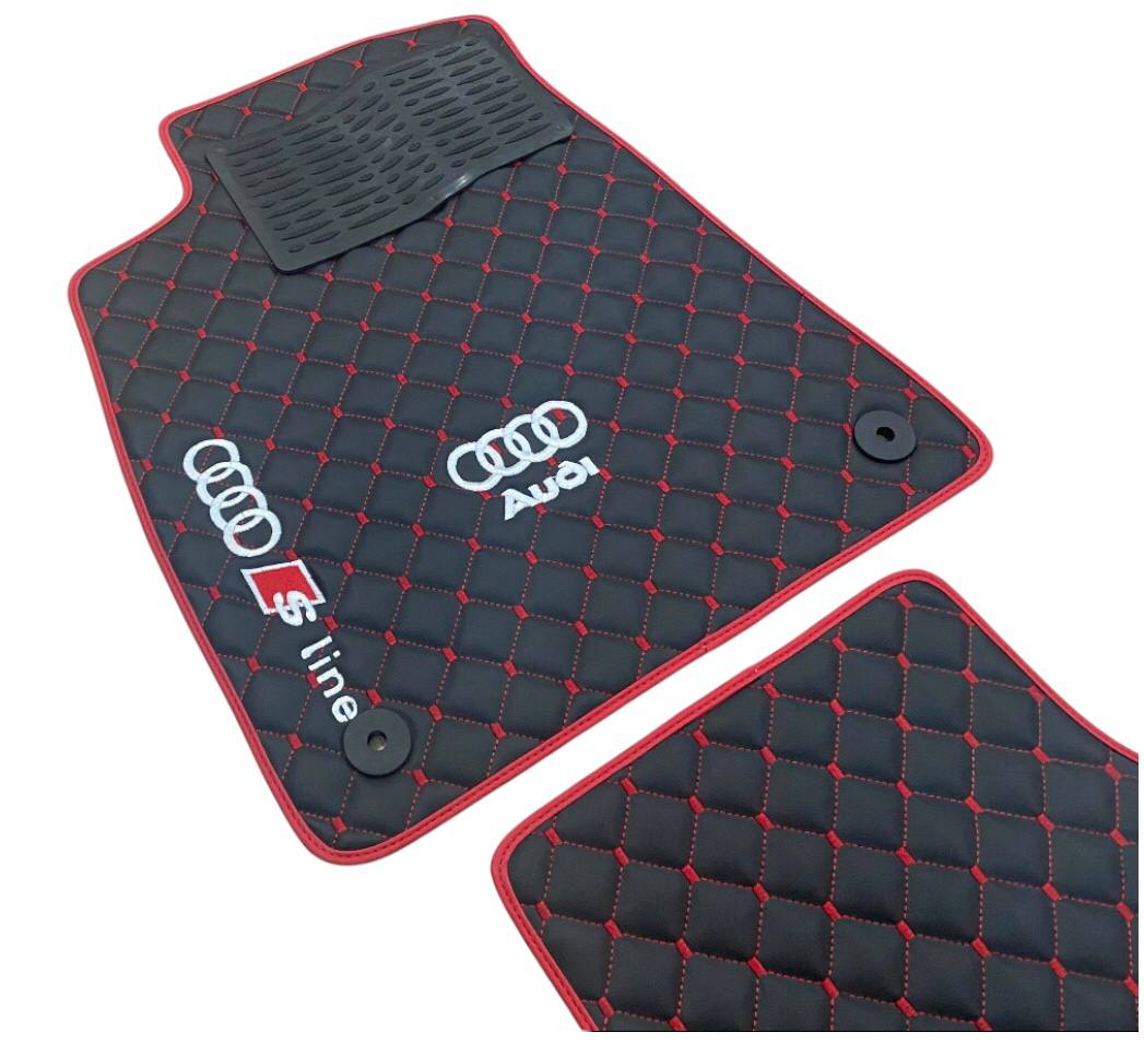 AUDİ Leather Luxury Car Floor Mats | Fits A1-A3-A4-A5-A6-A7-A8-Q2-Q3-Q4-Q5-Q7-Q8-S-RS-TT-R8-E Tron Models | Black Leather & Red Stitch