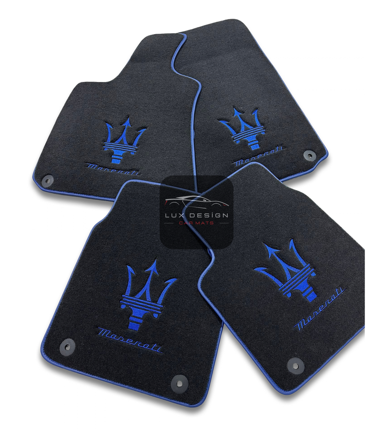 Luxury Carpet Car Floor Mats Compatible With Maserati | Fits Ghibli, Quattroporte, GranTurismo, GranCabrio, Levante, Grecale, MC20, MCPURA, 4200 GT & More | Blue Edging