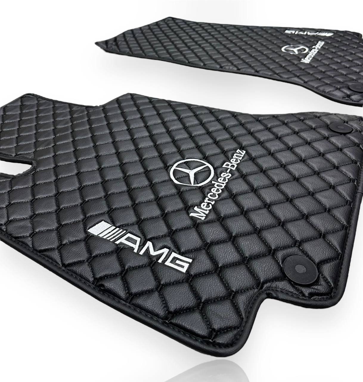 MERCEDES-BENZ Leather Luxury Car Floor Mats | Fits A-B-C-CL Series-E-EQ Series-S-SL Series-G-GL Series-ML-MAYBACH-R-AMG Models | Black Leather & Black Stitch