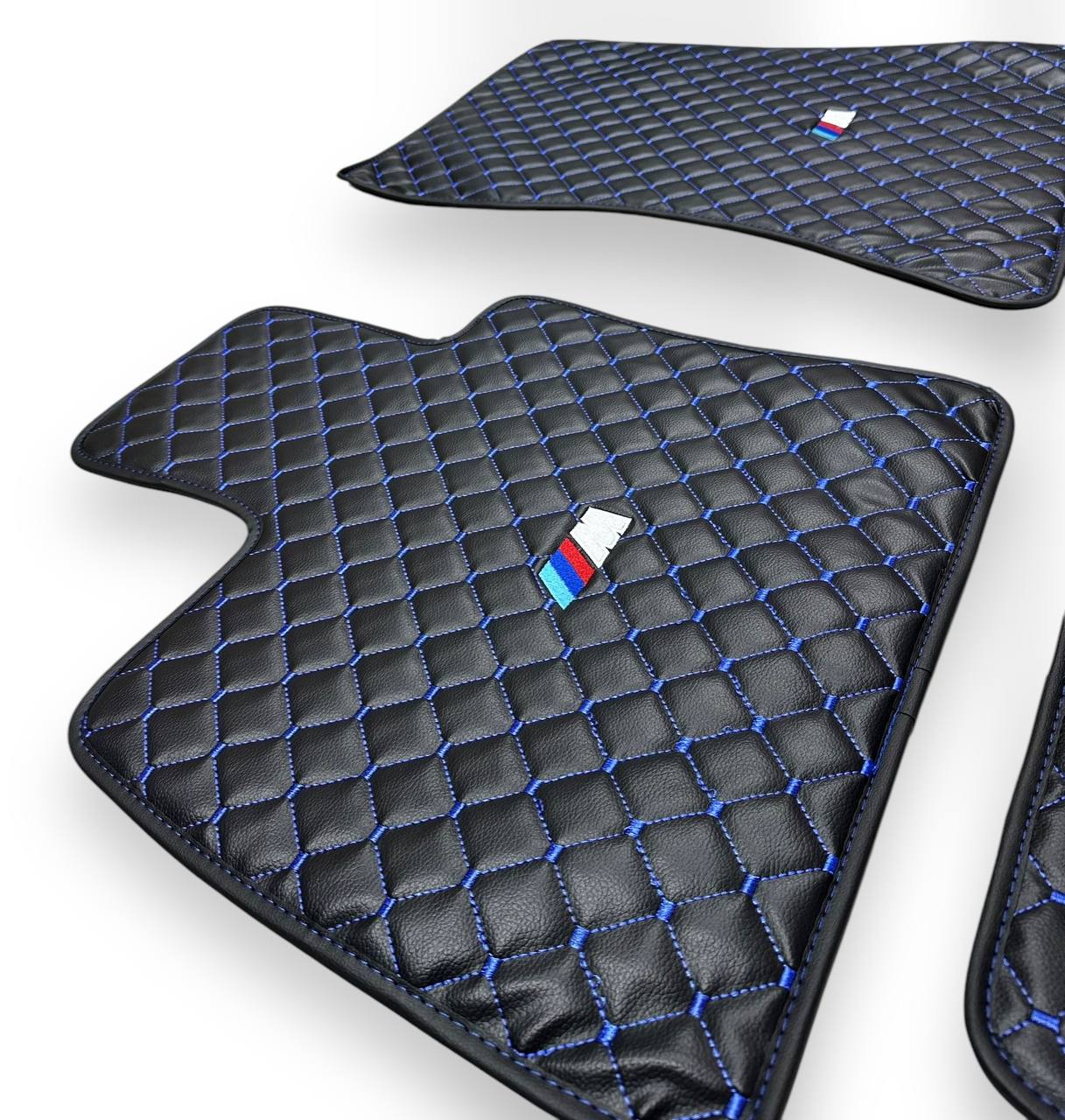 BMW Leather Luxury Car Floor Mats | Fits 1-2-3-4-5-6-7-8-M2-M3-M4-M5-M6-M8-X1-X2-X3-X4-X5-X6-X7-Z3-Z4-i3-i4-i5 Models | Black Leather & Red Stitch