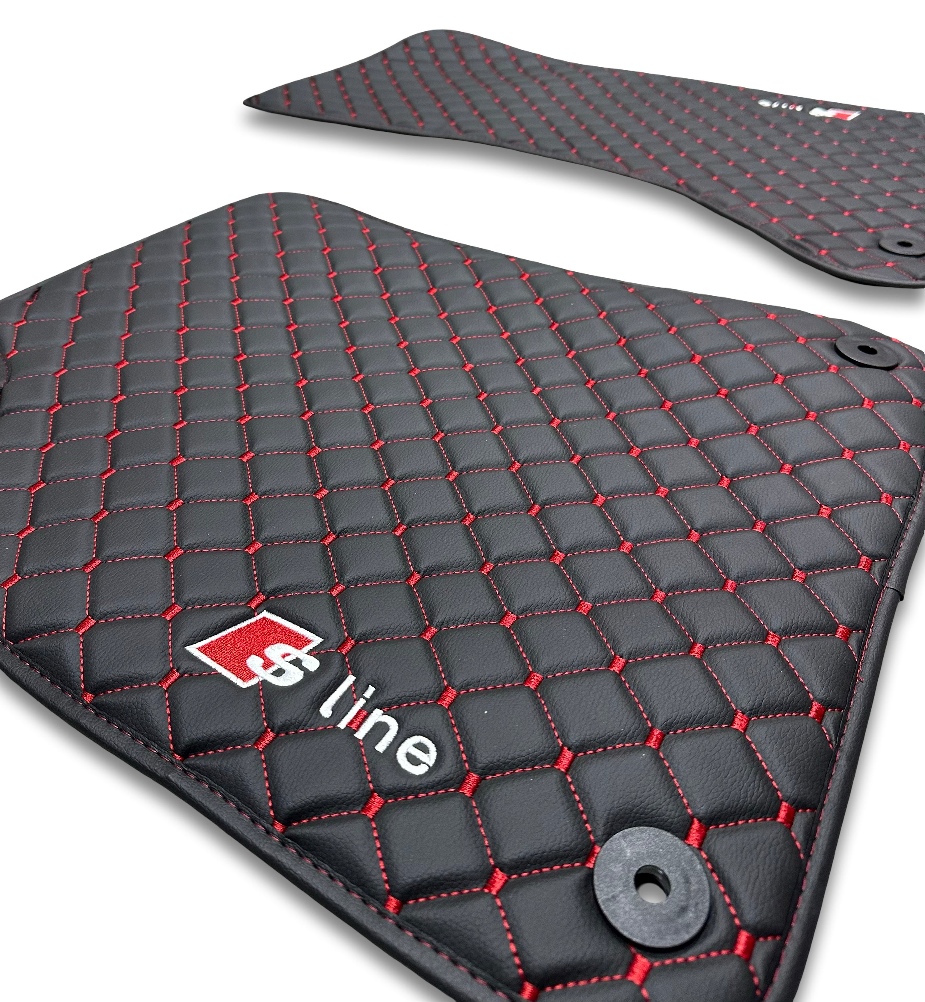 AUDİ Leather Luxury Car Floor Mats | Fits A1-A3-A4-A5-A6-A7-A8-Q2-Q3-Q4-Q5-Q7-Q8-S-RS-TT-R8-E Tron Models | Black Leather & Red Stitch