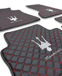 Luxury Leather Car Floor Mats Compatible With Maserati | Fits Ghibli, Quattroporte, GranTurismo, GranCabrio, Levante, Grecale, MC20, MCPURA, 4200 GT & More | Black Leather & Red Stitch