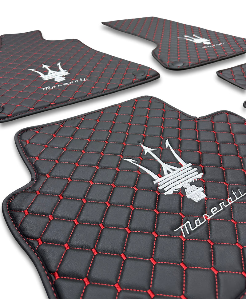 Luxury Leather Car Floor Mats Compatible With Maserati | Fits Ghibli, Quattroporte, GranTurismo, GranCabrio, Levante, Grecale, MC20, MCPURA, 4200 GT & More | Black Leather & Red Stitch