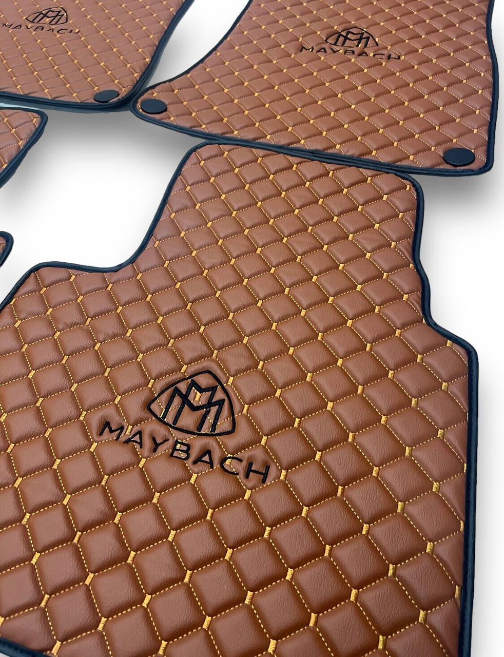 Alfombrillas de cuero de lujo para coche compatibles con Mercedes-Maybach | Compatible con series S, GLS, EQS SUV, G y más modelos | Cuero marrón y costura marrón