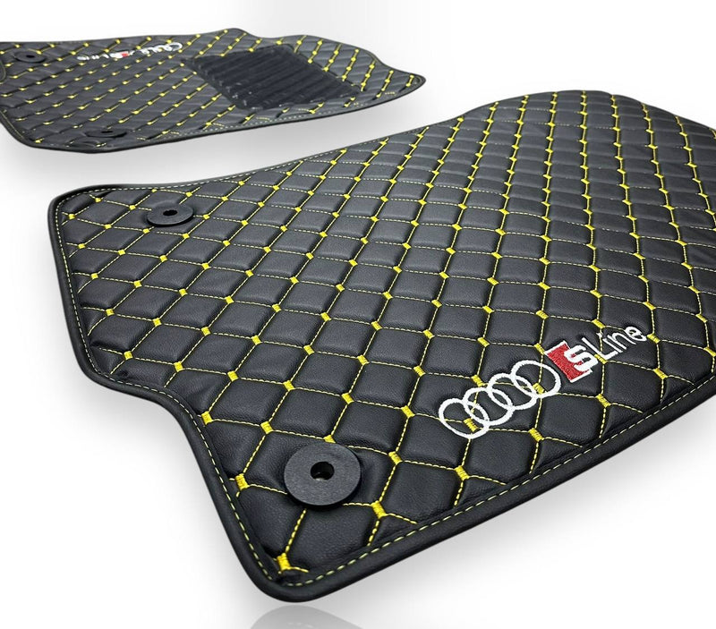 Luxury Leather Car Floor Mats Compatible With AUDI Models | Fits A1, A2, A3, A4, A5, A6, A7, A8, Q2, Q3, Q4 e-tron, Q5, Q6 e-tron, Q7, Q8, Q8 e-tron, e-tron GT, TT, R8, Allroad, S, RS models | Black Leather & Brown Stitch