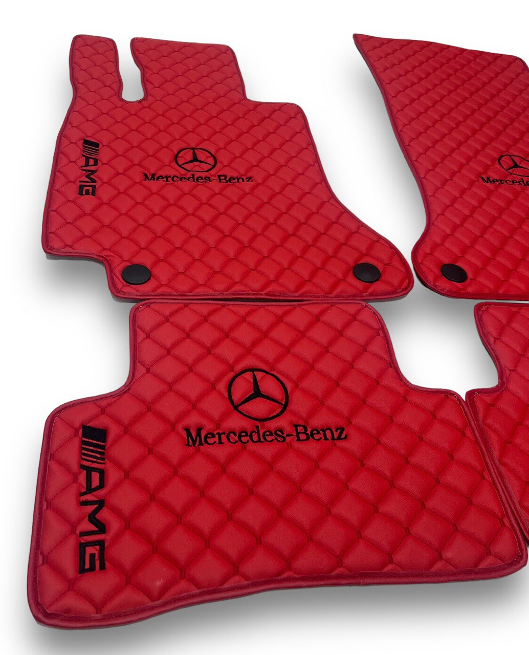 Luxury Leather Car Floor Mats Compatible With MERCEDES-BENZ | Fits A-B-C-CL Series-E-EQ Series-S-SL Series-G-GL Series-ML-MAYBACH-R-AMG Models | Red Leather & Red Stitch