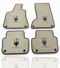 Luxury Leather Car Floor Mats Compatible With Maserati | Fits Ghibli, Quattroporte, GranTurismo, GranCabrio, Levante, Grecale, MC20, MCPURA, 4200 GT & More | Beige Leather & Beige Stitch & Black Logo