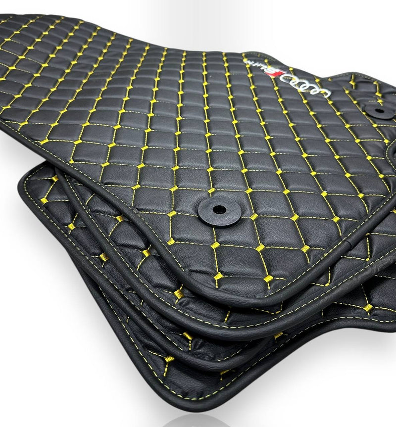 Luxury Leather Car Floor Mats Compatible With AUDI Models | Fits A1, A2, A3, A4, A5, A6, A7, A8, Q2, Q3, Q4 e-tron, Q5, Q6 e-tron, Q7, Q8, Q8 e-tron, e-tron GT, TT, R8, Allroad, S, RS models | Black Leather & Brown Stitch