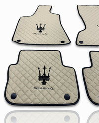 Luxury Leather Car Floor Mats Compatible With Maserati | Fits Ghibli, Quattroporte, GranTurismo, GranCabrio, Levante, Grecale, MC20, MCPURA, 4200 GT & More | Beige Leather & Beige Stitch & Black Logo