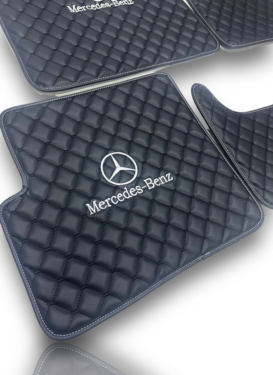 MERCEDES-BENZ Leather Luxury Car Floor Mats | Fits A-B-C-CL Series-E-EQ Series-S-SL Series-G-GL Series-ML-MAYBACH-R-AMG Models | Black Leather & Black Stitch