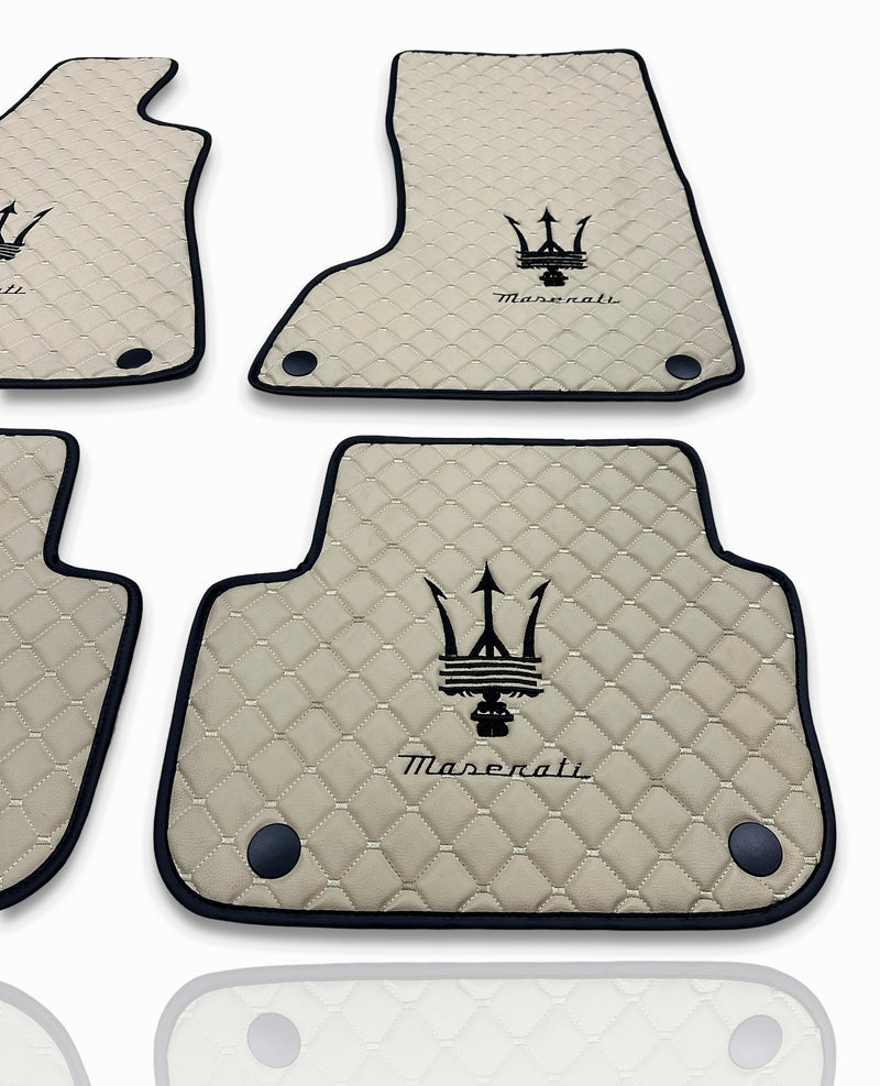 Luxury Leather Car Floor Mats Compatible With Maserati | Fits Ghibli, Quattroporte, GranTurismo, GranCabrio, Levante, Grecale, MC20, MCPURA, 4200 GT & More | Beige Leather & Beige Stitch & Black Logo
