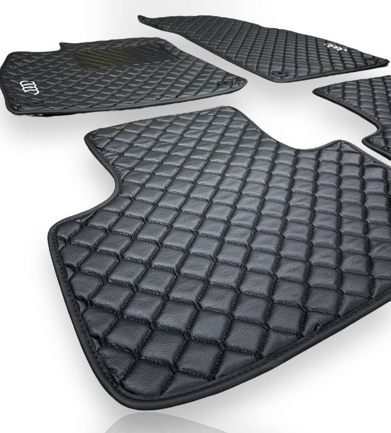 Luxury Leather Car Floor Mats Compatible With AUDI Models | Fits A1, A2, A3, A4, A5, A6, A7, A8, Q2, Q3, Q4 e-tron, Q5, Q6 e-tron, Q7, Q8, Q8 e-tron, e-tron GT, TT, R8, Allroad, S, RS models | Black Leather & Black Stitch