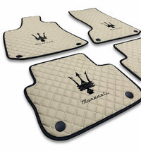 Luxury Leather Car Floor Mats Compatible With Maserati | Fits Ghibli, Quattroporte, GranTurismo, GranCabrio, Levante, Grecale, MC20, MCPURA, 4200 GT & More | Beige Leather & Beige Stitch & Black Logo