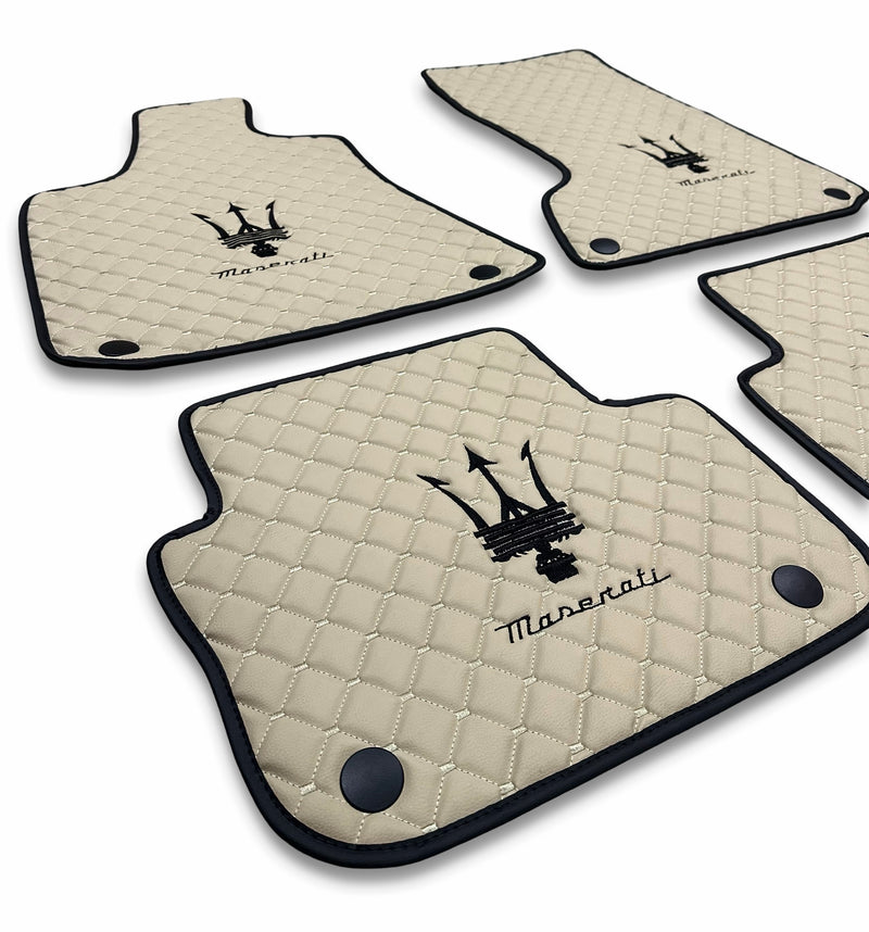 Luxury Leather Car Floor Mats Compatible With Maserati | Fits Ghibli, Quattroporte, GranTurismo, GranCabrio, Levante, Grecale, MC20, MCPURA, 4200 GT & More | Beige Leather & Beige Stitch & Black Logo