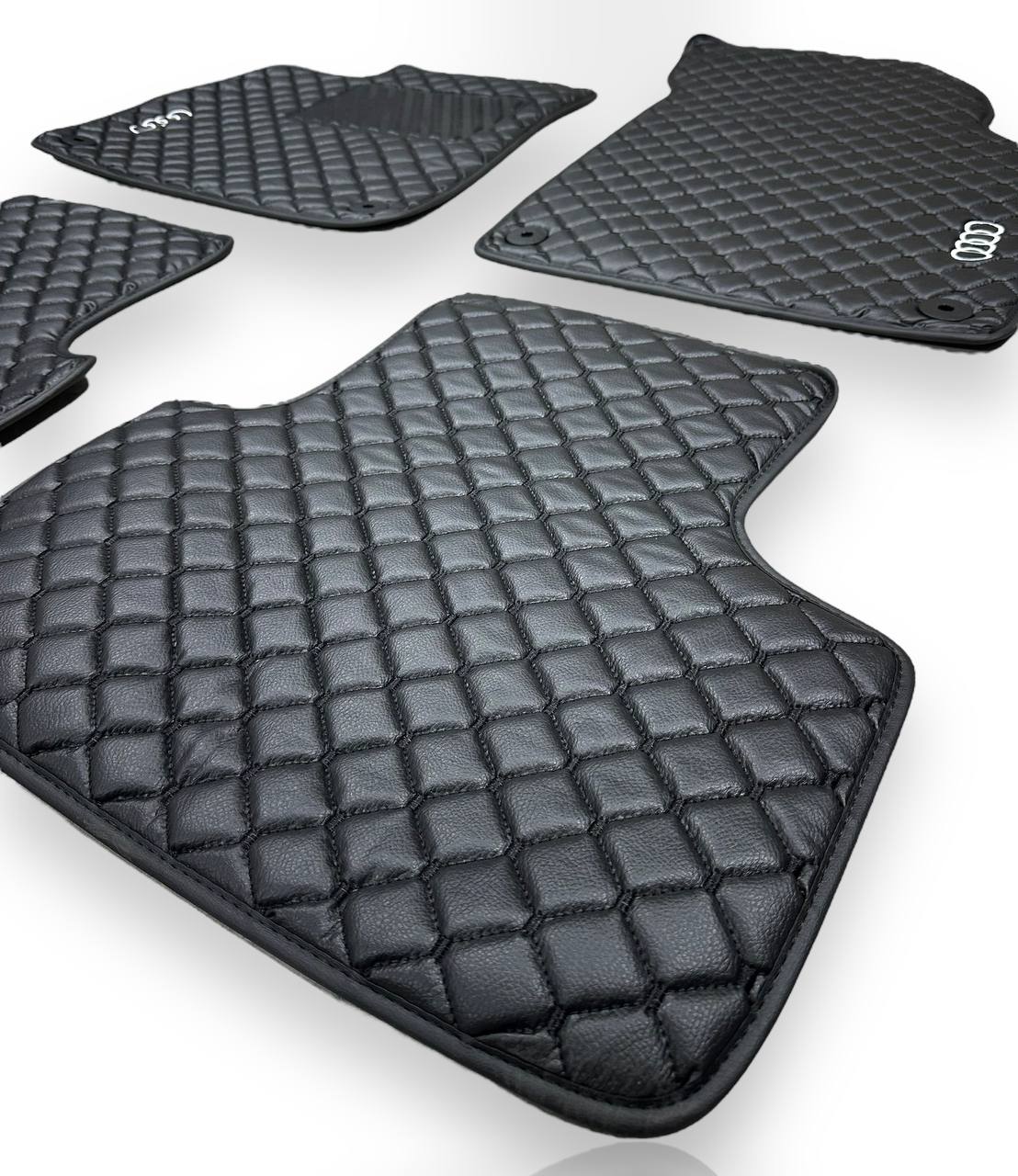 AUDİ Leather Luxury Car Floor Mats | Fits A1-A3-A4-A5-A6-A7-A8-Q2-Q3-Q4-Q5-Q7-Q8-S-RS-TT-R8-E Tron Models | Black Leather & Black Stitch