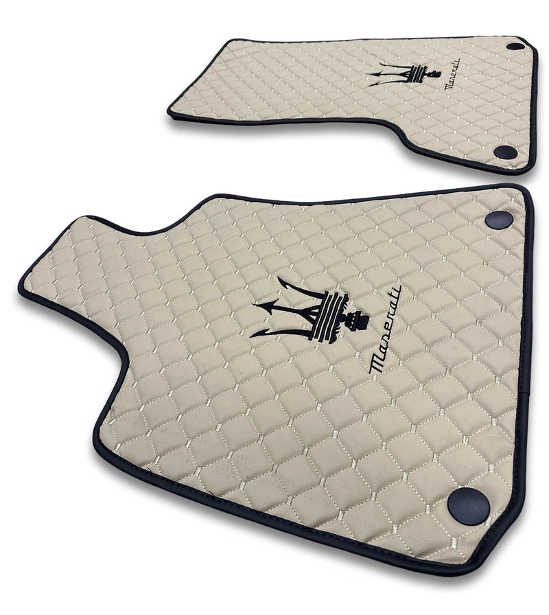 Luxury Leather Car Floor Mats Compatible With Maserati | Fits Ghibli, Quattroporte, GranTurismo, GranCabrio, Levante, Grecale, MC20, MCPURA, 4200 GT & More | Beige Leather & Beige Stitch & Black Logo