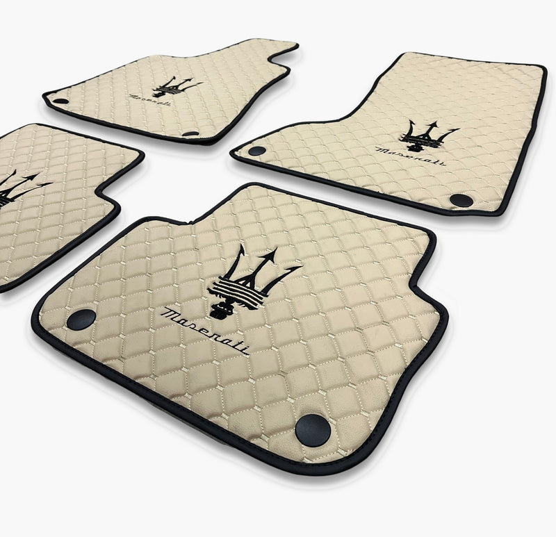 Luxury Leather Car Floor Mats Compatible With Maserati | Fits Ghibli, Quattroporte, GranTurismo, GranCabrio, Levante, Grecale, MC20, MCPURA, 4200 GT & More | Beige Leather & Beige Stitch & Black Logo