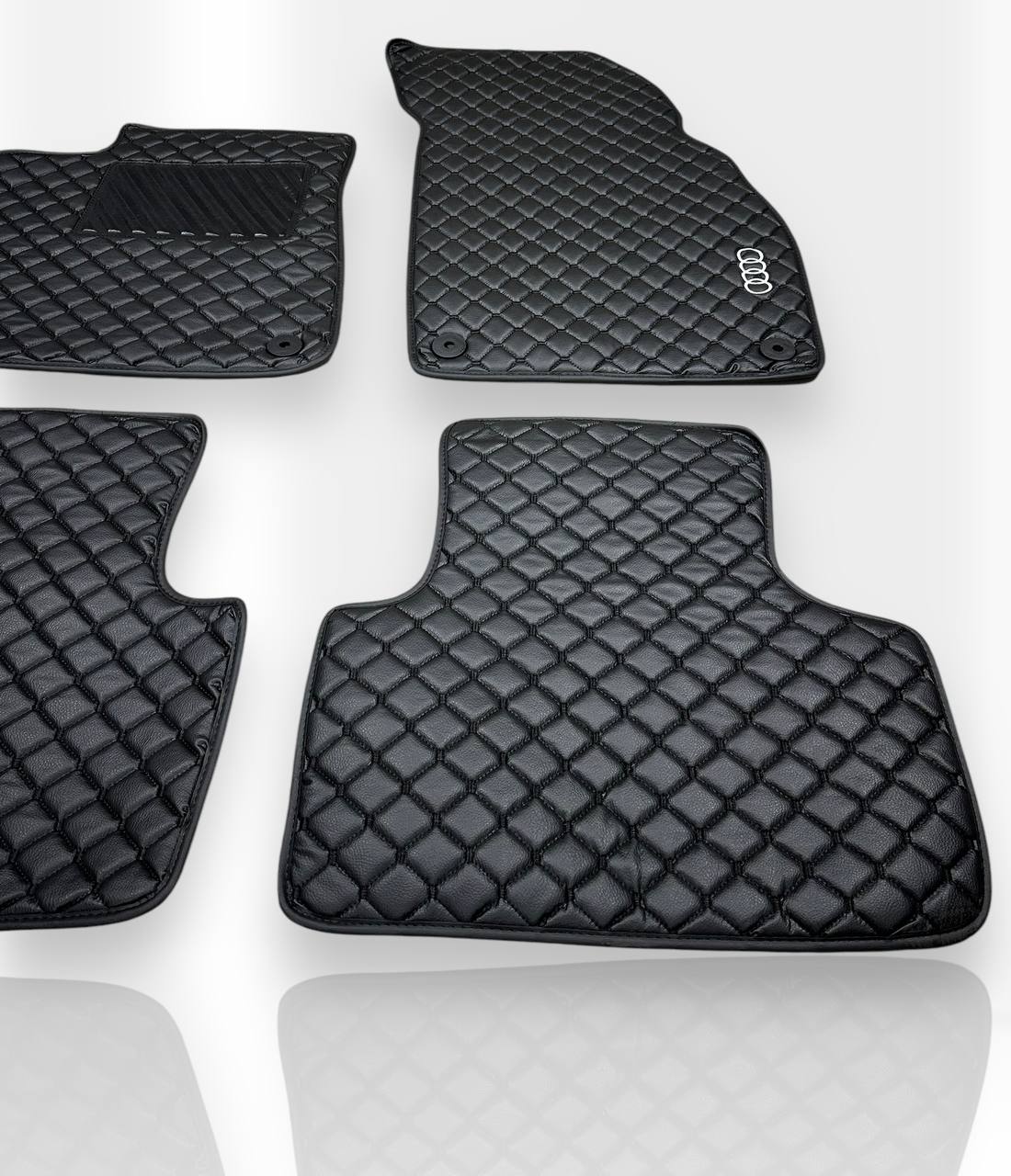 AUDİ Leather Luxury Car Floor Mats | Fits A1-A3-A4-A5-A6-A7-A8-Q2-Q3-Q4-Q5-Q7-Q8-S-RS-TT-R8-E Tron Models | Black Leather & Black Stitch